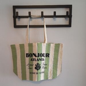 Sezane Green and Cream Striped 'Bonjour Atlanta' Canvas Tote